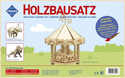 Pebaro 870 Holzbausatz Zirkus-Set, 3 Stück 3D Puzzles: Elefant, Löwe, Karussell, Modellbausatz, Basteln mit Holz, Holzpuzzle, vorgestanzte Holzplatte, ausbrechen, zusammenstecken, fertig, Geschenkidee
