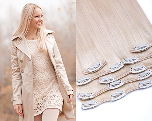 GlamXtensions Clip In Extensions Set für komplette Haarverlängerung 100% Echthaar 7 teilig 70g hochwertigeres Remy Haar 45 cm Clip-In Hair Extension Nr. 60 weißblond blond