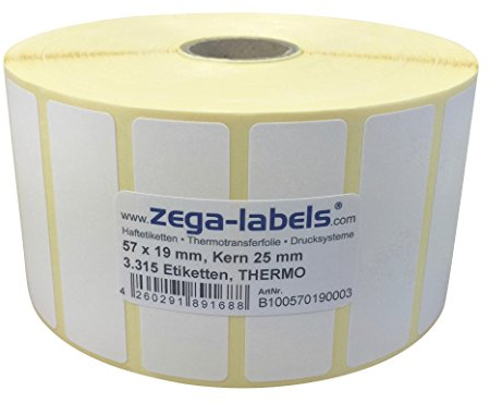 Thermo Etiketten auf Rolle - 57 x 19 mm - 3.315 Stück je Rolle - Kern: 25 mm - aussen gewickelt - permanent haftend - Druckverfahren: Thermodirekt (Drucken ohne Farbband)