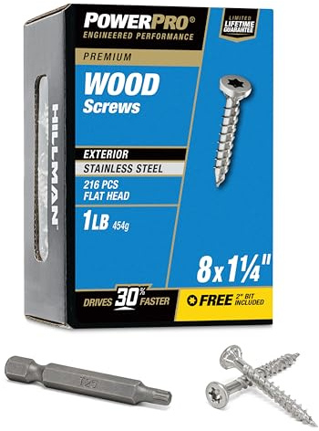 Power Pro 48619 Wood Screws, #8 x 1-1/4, Premium Stainless Marine Screws, Rust Resistant, Stainless Steel, 1lb Box, 242 pcs