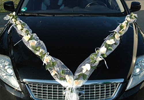 ORCHIDEEN Girlande Auto Schmuck Braut Paar Deko Dekoration Autoschmuck Hochzeit Car Auto Wedding Deko PKW (Ecru/Weiß/B)