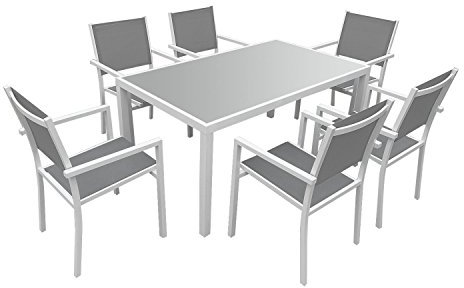 Happy Garden Salon de Jardin Bergamo en textilène Gris 6 Places - Aluminium Blanc