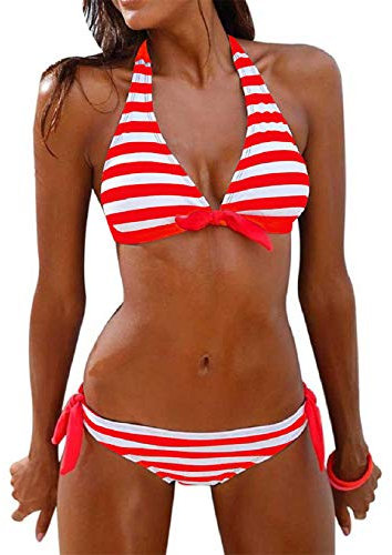 Tuopuda Costumi da Bagno Donna Bikini Due Pezzi Push Up Imbottito Righe Halter Top Reggiseno con Slip Costume Mare Coordinati Sexy Spiaggia Regolabile Brasiliana Bikini Set Estivi Beachwear, Rosso, L