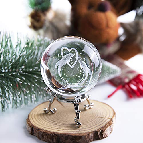 HDCRYSTALGIFTS Briefbeschwerer mit 3D-Delfin-Kristallkugel, Delfin-Geschenke, Kristallkugel mit Ständer, Valentinstag, Geburtstagsgeschenk