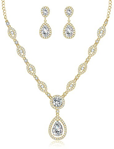 Wynn's Wedding Jewellery Set for Women - Silver Necklace and Dangle Earrings, Yellow Gold Bridal Set With White AAAAA Cubic Zirconia - Allergy Free Party Jewellery for Bridesmaid