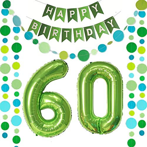 Luftballons Zahl 60 Grün + Happy Birthday Girlande + banner Folienballon 60.Geburtstags deko frau mann ballons 60 Jahre Geburtstag deko frauen Zahlenballon 60 Geburtstag dekoration Männer frau(60)