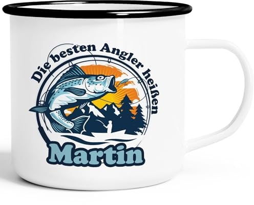 SpecialMe® Emaille-Tasse Geschenk Angeln Spruch Die besten Angler heißen Wunsch-Name personalisierte Geschenke weiß-schwarz Emailletasse