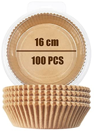 Backpapier für Heißluftfritteuse [100 Stück], YRAKOZIN Air Fryer Einweg-Papiereinsatz Fettdichtes Pergamentpapier Mehrzweck Antihaft Silikonölpapier Gelten - Holzfarbe (Runden, 16cm, 3-6L)