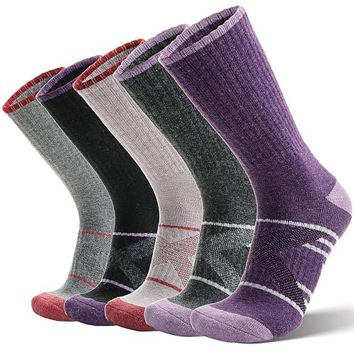 ANTSANG Merino Wool Walking Hiking Socks Warm Thermal Thick Cushioned Moisture Wicking Outdoor Unisex Boot Socks for Men and Women(7-11, Purple/Pink/Black Purple)