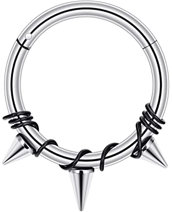 Longbeauty 16G 1.2mm Edelstahl Piercing Ringe Segmentring Clicker Nasenringe Ohrringe Nahtlose Hoops Spikes für Tragus Knorpel Septum Helix, 8mm, Silber/Schwarz