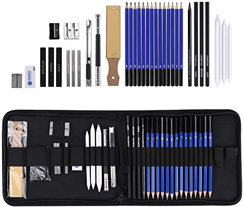 Fabaoday Juego de 35 lápices para bocetos y dibujar, tipo, adecuado para estudiantes principiantes y artistas, kit con bolsa y cuaderno de 25 páginas