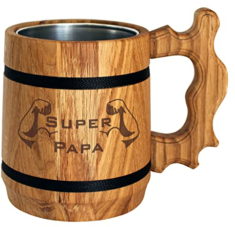 Papa Geschenk - Holz Bierkrug mit Edelstahl Becher 0,5 L - Gravur mit Super Papa – Bier Geschenk, Vatertag, Geburtstagsgeschenk für Männer