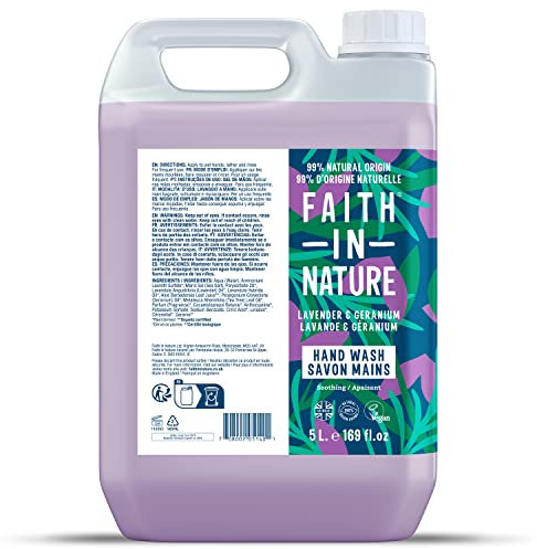 Natürliche Handseife, Lavendel & Geranie, Faith in Natur, beruhigend, vegan & Cruelty Free, ohne Parabene & SLES, Nachfüllpackung mit 5 l