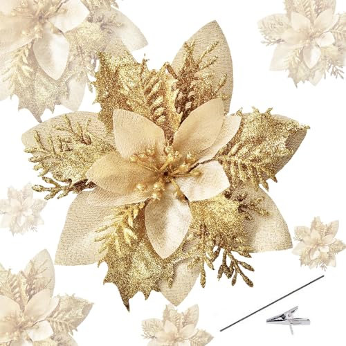 Roqueen 15 Pezzi 14CM Fiori artificiali di Natale Poinsettia Glitter con Clip Stelo Albero di Natale Ornamenti per Ghirlanda Festa Matrimonio Capodanno Decorazioni (Oro)