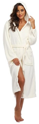 Teemie Vestaglia Donna Accappatoio Con Cappuccio Flanella Invernale Lunga Pigiama Morbido Camicia Da Notte Casa Calda Kimono Adulti Accogliente Loungewear Spa Hotel Sauna Cintura Bianco L XL