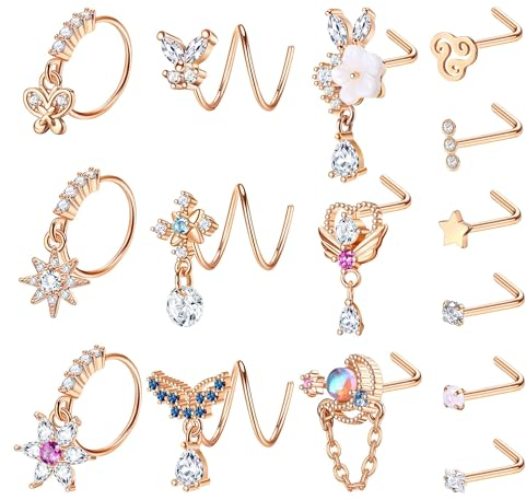 Kakonia 15 Stück 20G Baumelnder Nasenring Nasenpiercing Stecker für Damen Nasenstecker Nasenpiercing Ring Gold Silber L Form Korkenzieher Nose Stud RingPiercing für Damen