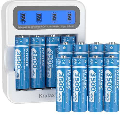 Kratax Lithium AA Akku, 12 Stücke Wiederaufladbare 1,5V Lithium Batterien AA mit 2-Stunden-Schnelllade-LCD-Display-Ladegerät, 3A Entladestrom mit 3500mWh Hoher Kapazität, Langer 1600 Zyklus
