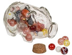 Boîte en Forme de Cochon avec Bouchon pour Bonbons et Petits Objets - Tirelire avec Motif Cochon en Verre et liège, 14 x 8 cm, Transparente