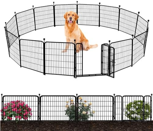 ADAVIN Gartenzaun mit niedriger Schwellentür, 61 cm hoch, 14 Paneele, insgesamt 90 cm (L) hoch, Tierabsperrzaun, für drinnen und draußen, schwarzes Eisen, Metall, robuster Hundezaun für Hof und