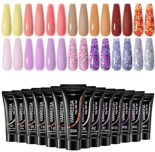 VANREESA Kit Gel per Unghie, 14 Colori da 15ML Kit Gel Ricostruzione Unghie Semipermanente Completo con Giallo Rosa Viola Brillantini Kit Gel per Unghie Semipermanente, Regalo per Donne