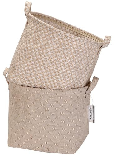 Sea Team Storage Baskets Organizer Box Bins in Cotton Linen Foldable with Hle Decorative for Home Toiletry Stationery Sundries Toys Jewerly Color Beige 33 * 33 * 26CM 2PCS