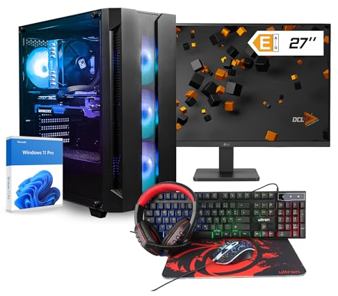 dcl24 Gaming PC Set komplett Intel i9 14900, RTX4070 12GB - 1000GB SSD, 32GB DDR5, Gamer PC mit 24x5.8 GHz, WLAN, 27 Monitor, Maus, Tastatur, Headset, Windows 11 Pro [19706]