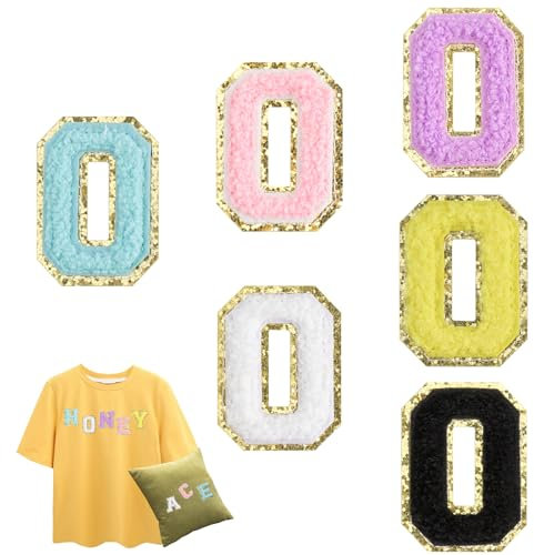 DAJISI 6PCS Chenille Letter Patches Iron On, Iron on 3D Chenille Letter Patches Stick with Gold Sequins for Clothes Hat Backpacks Phone (O)
