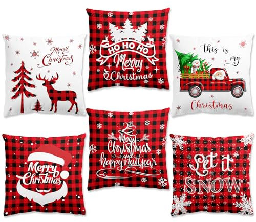 Kissenbezug Weihnachten 45 x 45cm 6er Set Weihnachtsdeko Kissenbezüge, Kissenhülle Weihnachten, Weihnachtsdeko Rot Kissenbezug für Christmas Decorations Indoor, Sofa, Schlafzimmer, Couch Pillow