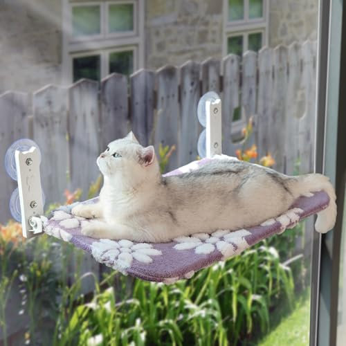 Yaning Cat Window Perch, Foldable Cat Window Hammock with Cute 3D Textured Flower Cover and Strong Suction Cups, Cordless Window Seat Bed for Indoor Cats (Purple Flower, Large)
