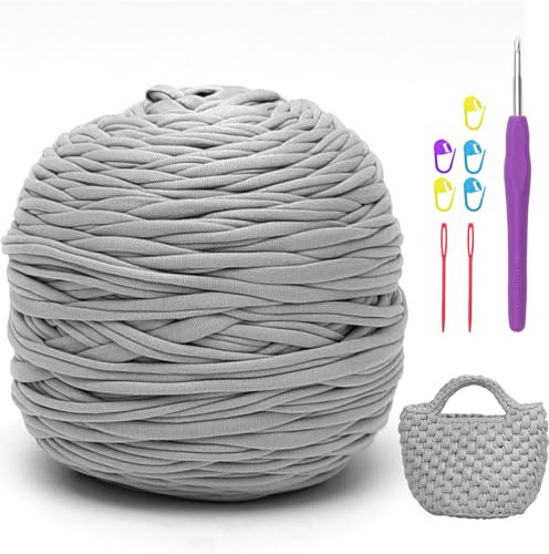 Yuragim T-Shirt Garn, 285g/100m Textilgarn zum Häkeln für Körbe Bändchengarn mit 5,0 mm Häkelnadel, Tshirt Garn Häkelgarn Tshirt Yarn für Taschen, Häkeltaschen, Decken, Heimdekoration (Hellgrau)