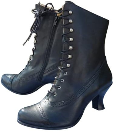 Minetom Stiefeletten Damen Vintage Viktorianische Stiefel Mit Absatz Schnüren Gothic Renaissance Mittelalter Schuhe A Schwarz 40 EU