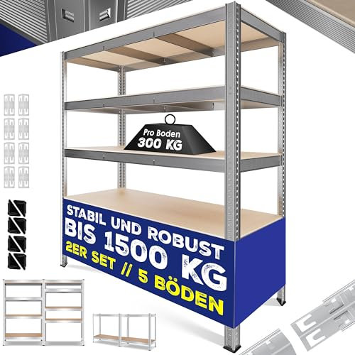 MASKO® Schwerlastregal Lagerregal Kellerregal 180x160x60cm, 1500kg belastbar, 5 verstellbare Ablagen, MDF-Platten Regal aus Metall, Steckregal, Werkstattregal Stahlgestell Garage Werkbank Silber