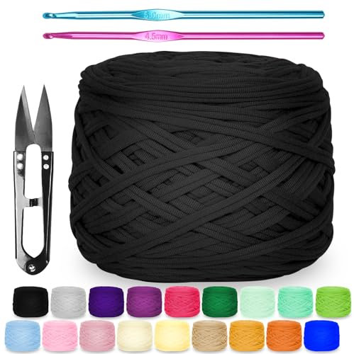 Zefphxs 290g T-Shirt Garn, Bändchengarn Polyester Rope zum Häkeln, T Shirt Garn, Textilgarn zum häkeln für körbe Teppiche, Heimdekoration, DIY-Kunsthandwerk (Schwarz)