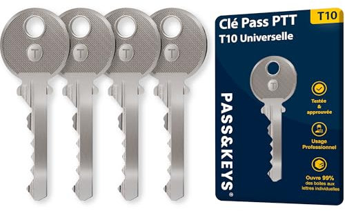 Lot de 4 clés Pass PTT T10 Universelle pour Boîtes aux Lettres - Compatible avec Interphones et Serrures d'Immeubles - Acier Inoxydable, Idéale pour Livreurs, Agents Immobiliers et Artisans
