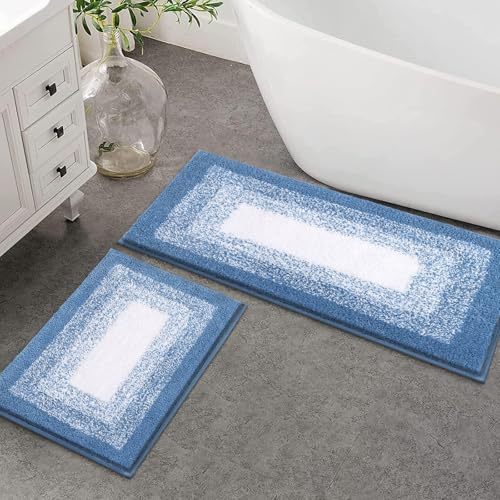 Enyhom Mikrofaser Badteppich Set 2 Teilig Blau rutschfeste Saugfähig Weiche Badematte Toilettenmatte Maschinenwaschbar Badezimmerteppich Badvorleger Sets wc Teppich,45 x 65 cm + 45 x 120 cm