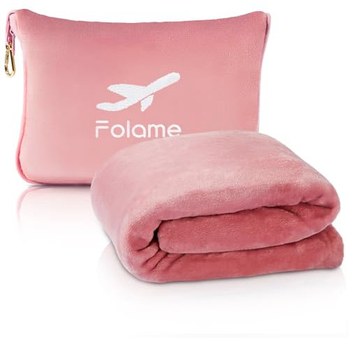 Folame Soft Travel Blanket and Pillow - 2 in 1 Airplane Blanket Compact with Soft Bag Pillowcase, Luggage Belt and Backpack Clip, Portable Long Flight Essentials for Travel/Pink