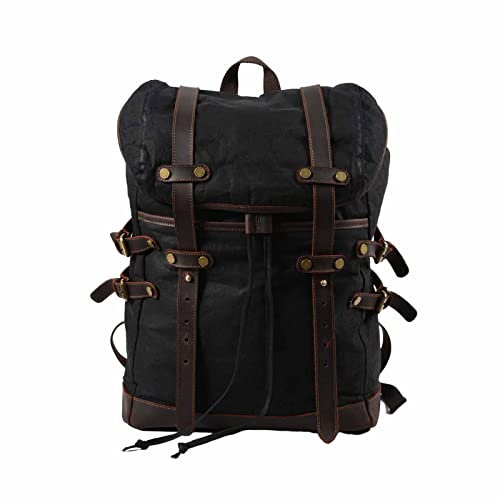 FANDARE Leinwand Rucksack Retro Wanderrucksack Herren Kordelzug Rucksack Schulranzen Damen Reisetasche Rucksack Schultaschen Trekkingrucksack Reiserucksack Camping Outdoorrucksack Schwarz