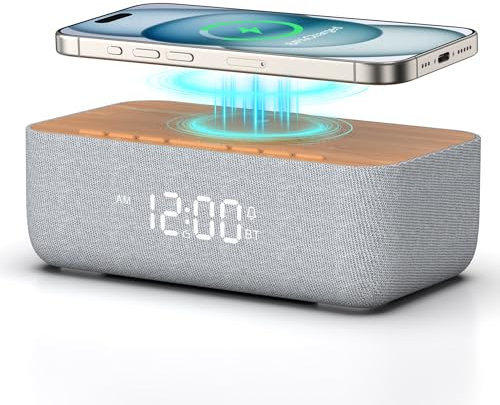 Reacher Chargeur sans Fil magnétique 15 W – Réveil Digital 6 Sons naturels – Radio FM 40 préréglages – Écran LED dimmable 0–100% – Enceinte Bluetooth 10 W, pour Chevet et Bureau
