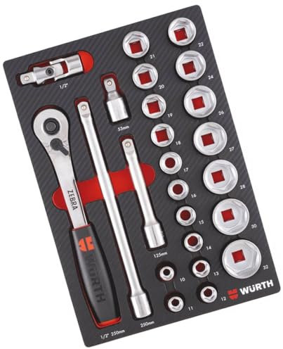 Würth 1/2 Zoll Steckschlüssel Satz metrisch 24 Teile in Schaumeinlage 4.4.1 mit Ratsche Knarre Nusskasten für Werkstattwagen 0965905945