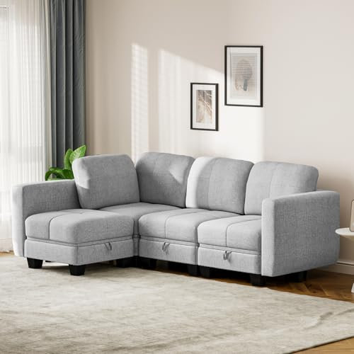 Hello-5ive 4 Seater Sofa with Storage, Convertible 2 Seater 3 Seater L-Shaped Sofa Couch with Ottoman for Living Room, Shape Customizable Sofa for Small Space, Grey