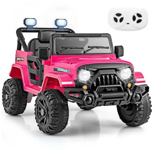 12V Kids Electric Ride on Car, Battery Powered Kids Off Road Truck with LED Lights, Music, Horn, Remote, Wireless, 2 Motors Ride on Vehicle Toy for Boys Girls 3+ Years Old (Rose Red)