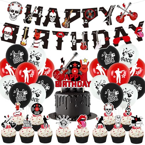 SANYUANHE Schwarze Rote Rock'n' Roll Geburtstagsdeko Set，32 Stück Rock Musikmotiv Happy Birthday Banner Cupcake Topper，Totenkopf Gitarren Musiknoten Luftballons，Halloween Rock Party Dekoration