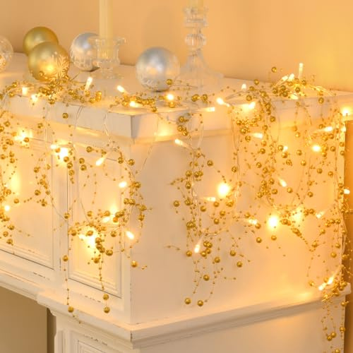 Waipfaru Christmas Garland with Lights, Lighted Berry Garland, 13.1FT Christmas Tree Garland, Christmas Decorations Indoor for Home Outdoor Gate Table Fireplace New Year Decor, Gold