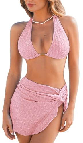 CUPSHE Ensemble de bikini trois pièces pour femme avec col en V texturé dos nu et dos nu noué - Sarong taille basse