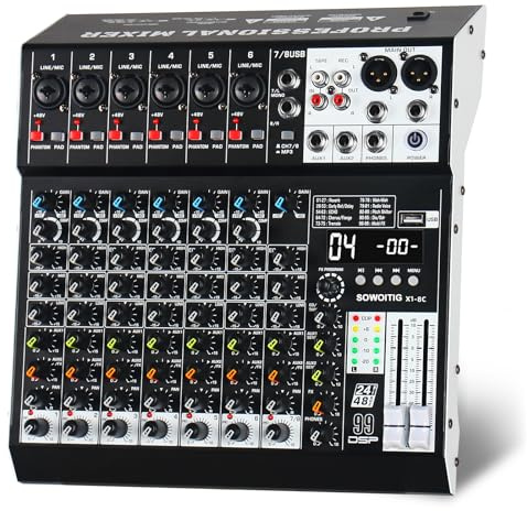 Mixer audio professionale a 8 canali, con effetti 99DSP, mixer DJ compatto con USB, Bluetooth, alimentazione phantom da 48 V e pulsante PAD per registrazione, karaoke, PA, batteria e musica dal vivo