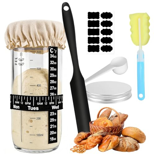 Kuvarix Sauerteig Starter Set, 730ml Sauerteig Glas, Brot Backen Zubehör mit Aluminiumdeckel Gärtuch Temperaturband Etikett Silikonspatel Datum Markiert Fermentierglas für Einsteiger & Zuhause backen