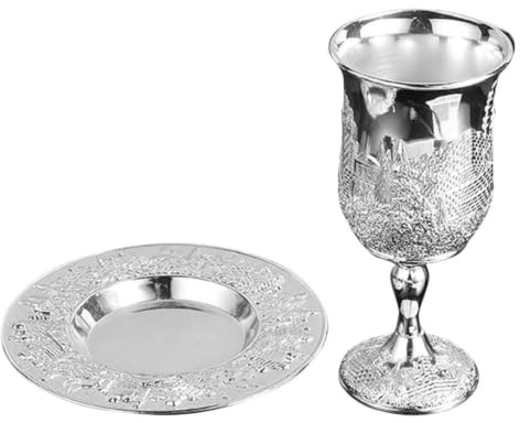 IMUSINICE Juego de Copas de Vino para Shabat y Festividades Judías 1 Set de Copa Sagrada Pascua con Platillo Bañadas en Plata Adecuado para Ceremonias Kidush y Celebraciones Religiosas