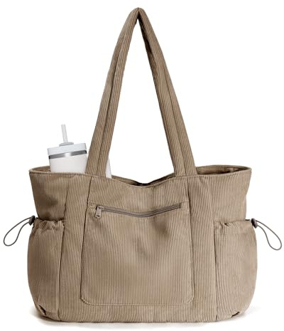 ECOHUB Large Corduroy Tote Bag, Recycled Handbags for Women with Cup Holder, Work Tote Bag with 15.6 Laptop Compartment, Shoulder Bags for School Shopping Travel Daily Use (Dark Khaki)