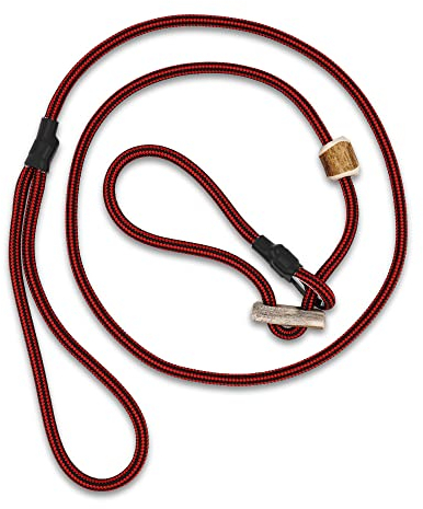 Hundeleine mit Halsband 6mm | Moxonleine Retrieverleine Agilityleine | Mit Zugbegrenzung, Zugstopp aus Hirschhorn (Rot-Schwarz, 130 cm)