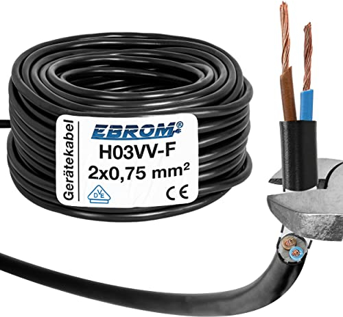 EBROM Kunststoff Schlauchleitung RUND, LED Kabel, Stromkabel, Leitung, Gerätekabel H03VV-F 2x0,75 mm² Farbe: schwarz, viele Längen in 5 m Schritten bis 250 Meter 2x0,75 mm2, Ihre Kabellänge: 100 Meter